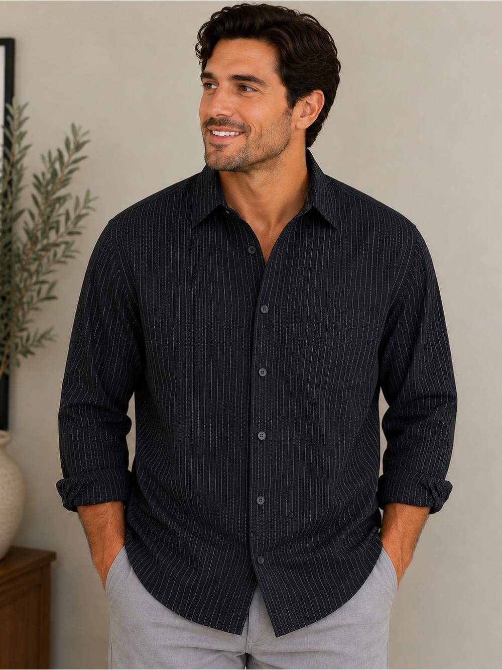 Michael Kors Black Pinstripe Long-Sleeve Button-Down Shirt